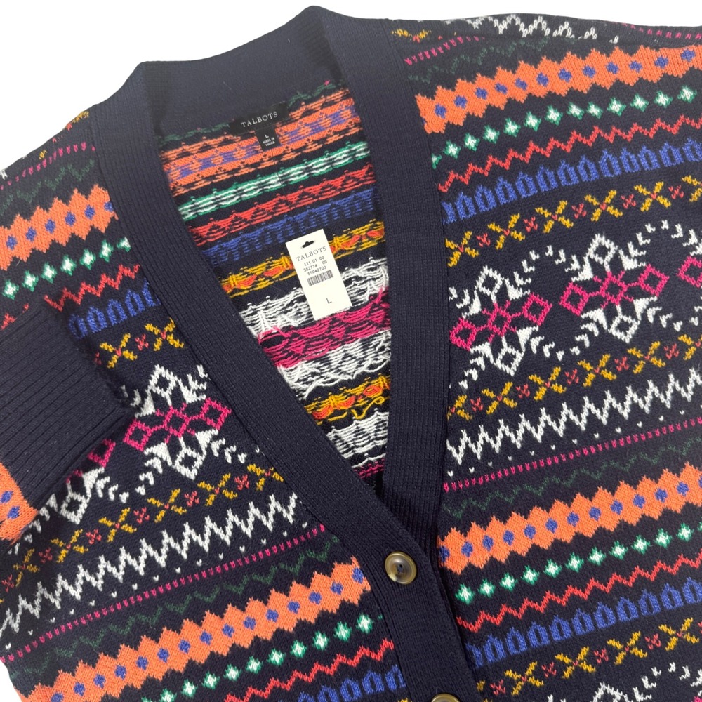 Talbots Fair Isle Cardigan Sweater Womens Large Navy Multi Color Knit V-Neck